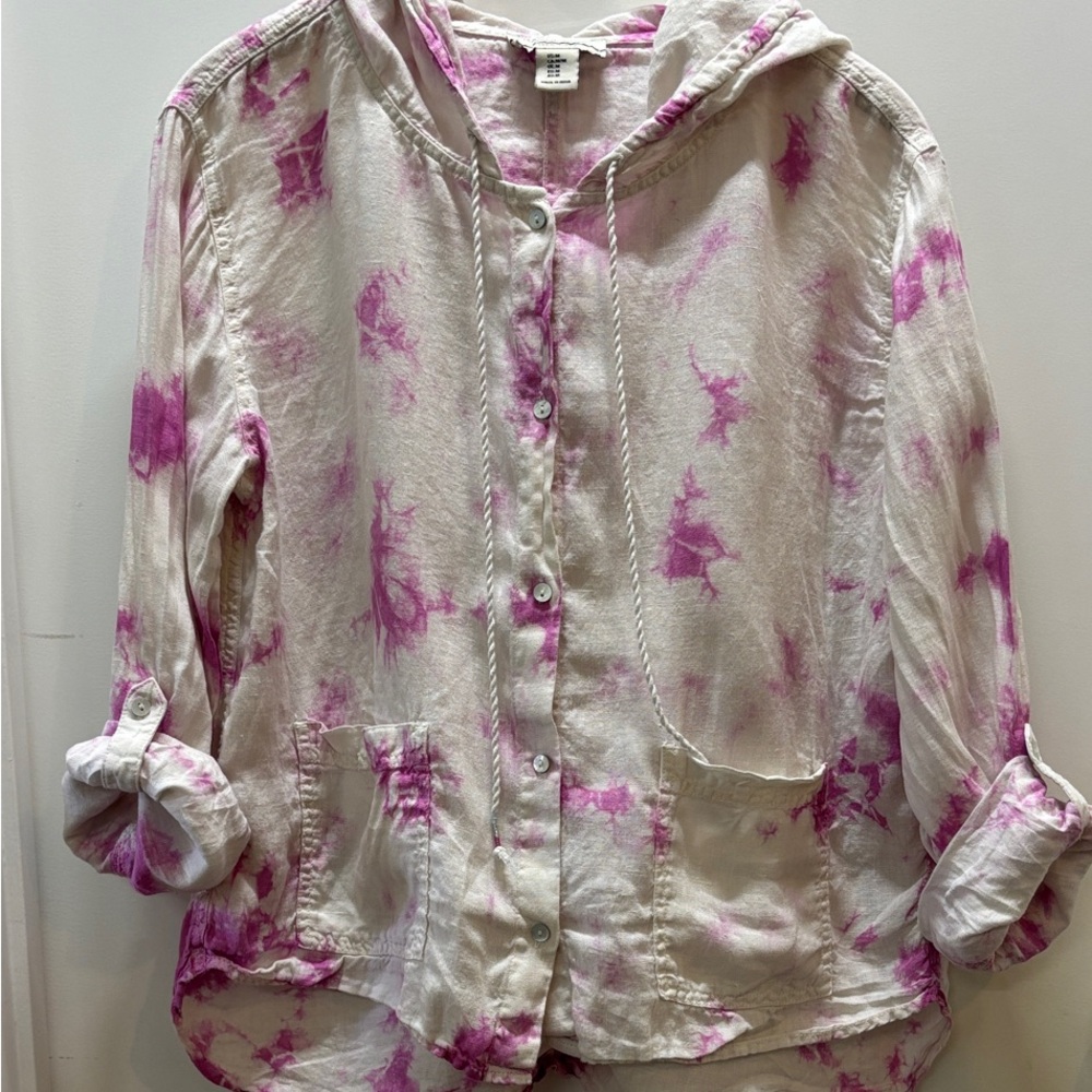 Pink Tie-Dye Hooded Button-Up Shirt